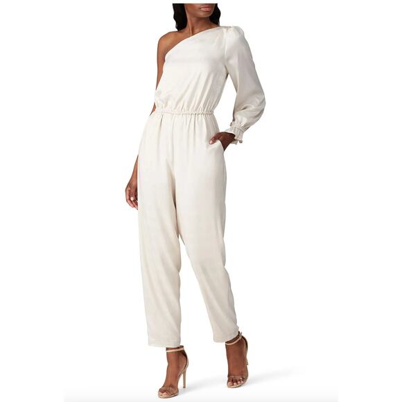 Love, Whit by Whitney Port Jumpsuit Womens 4 Ivory Jacquard One Shoulder Stretch - Picture 1 of 13